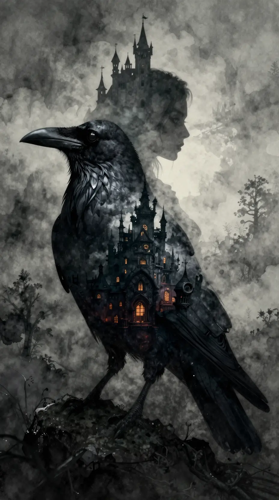 Double exposure raven silhouette with surreal steampunk city