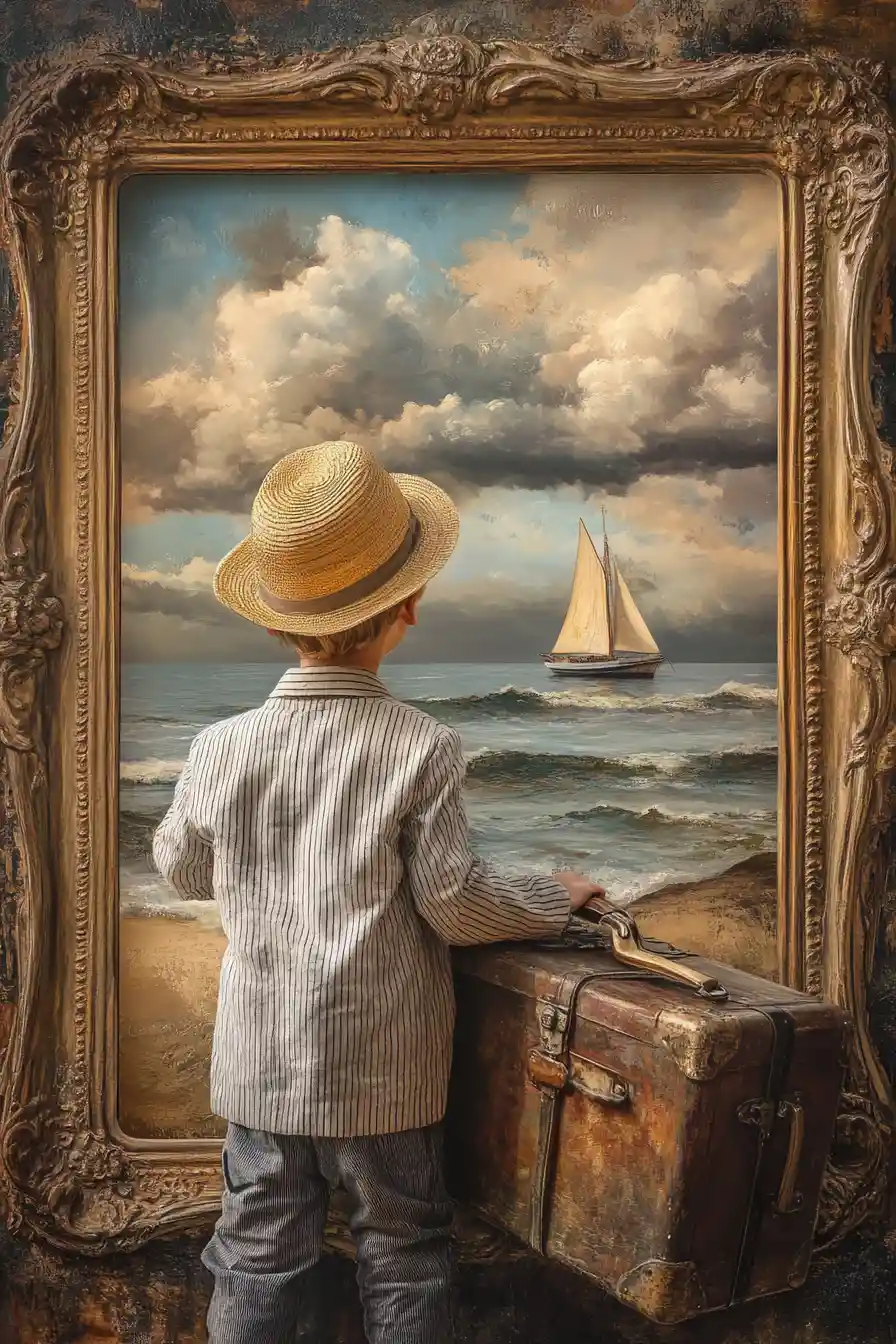 Boy with suitcase gazing through frame toward distant sea
