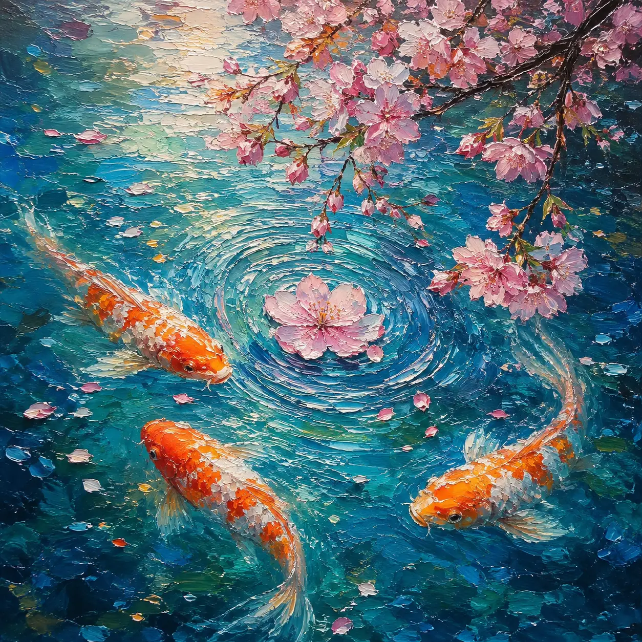 Impressionist koi pond with cherry blossoms and soft ripples