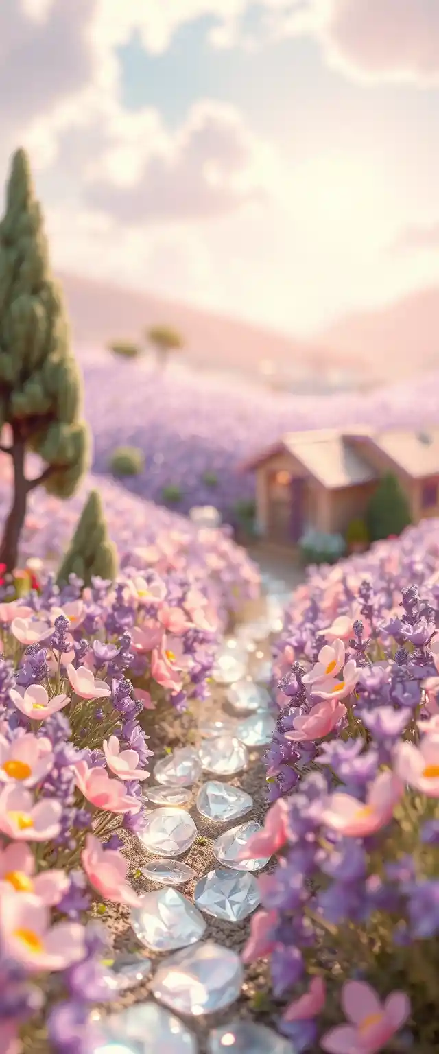 Whimsical miniature crystal flower garden in soft pastel colors