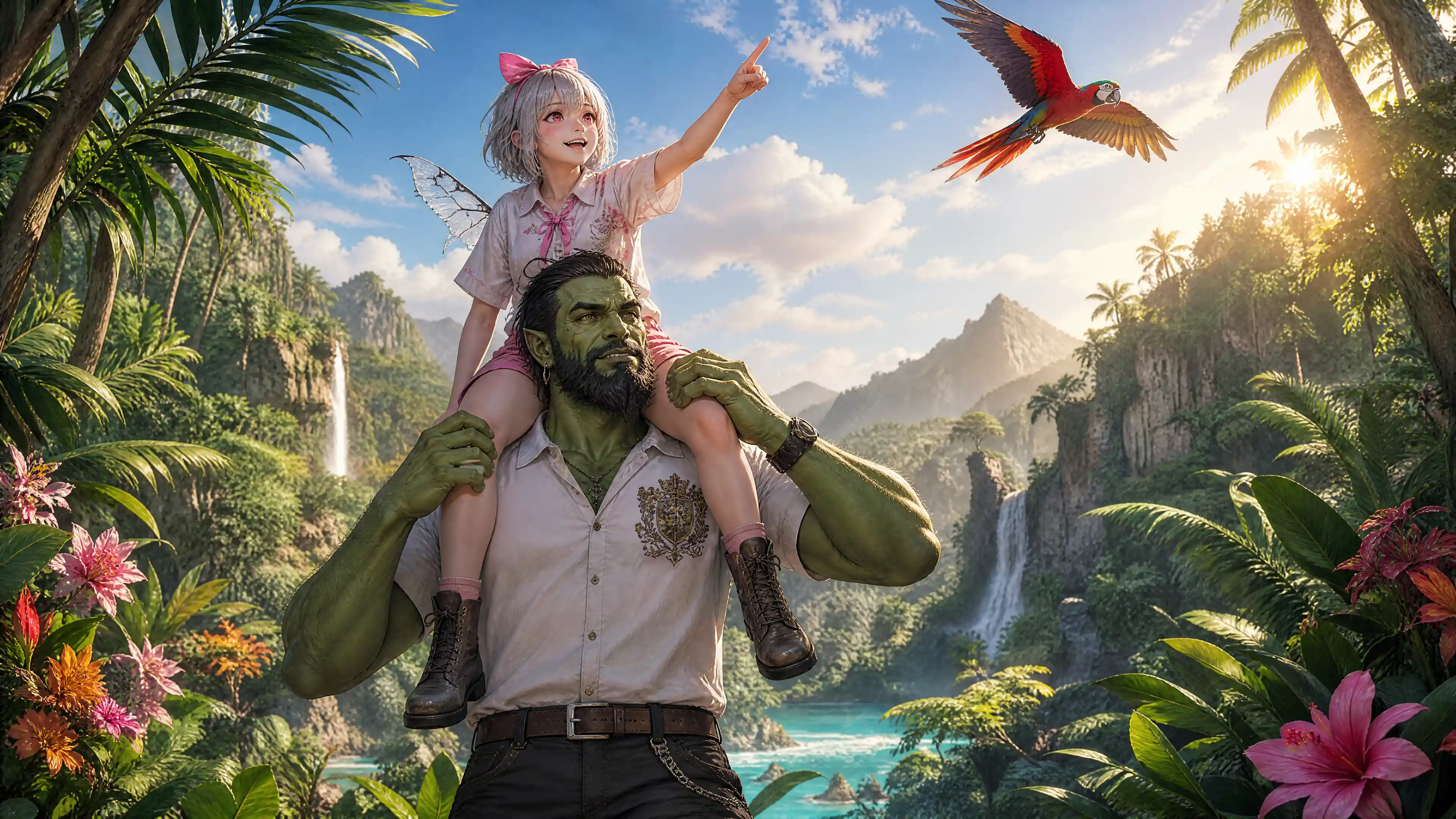 Orc husband lifting his joyful wife in tropical jungle