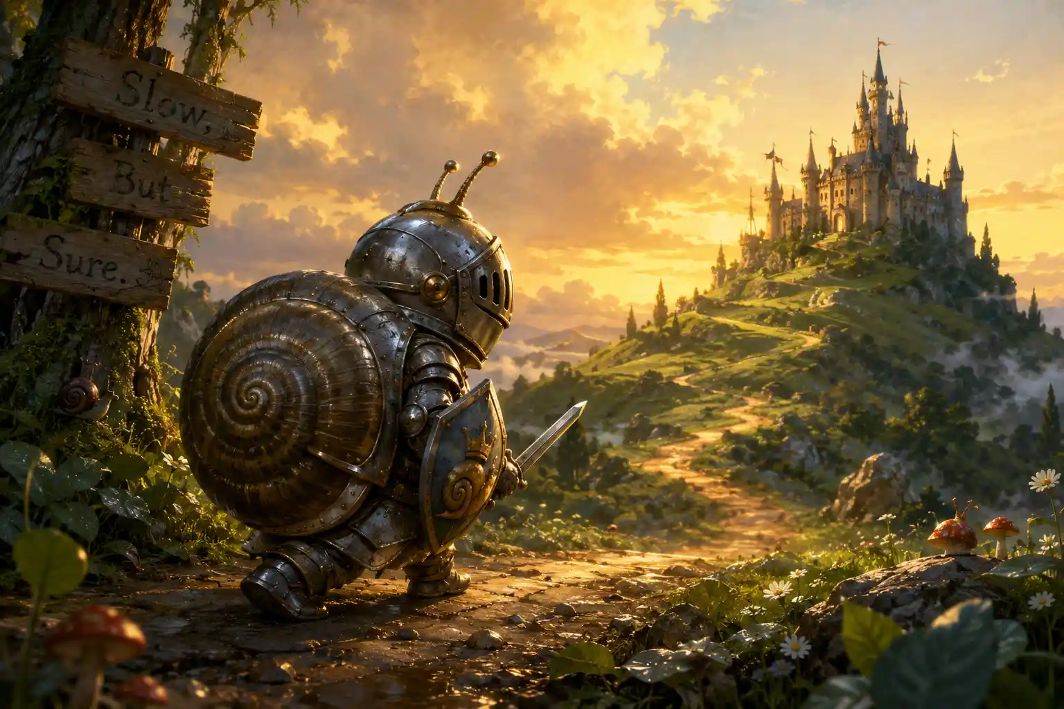 Tiny snail shell knight marching toward a distant castle