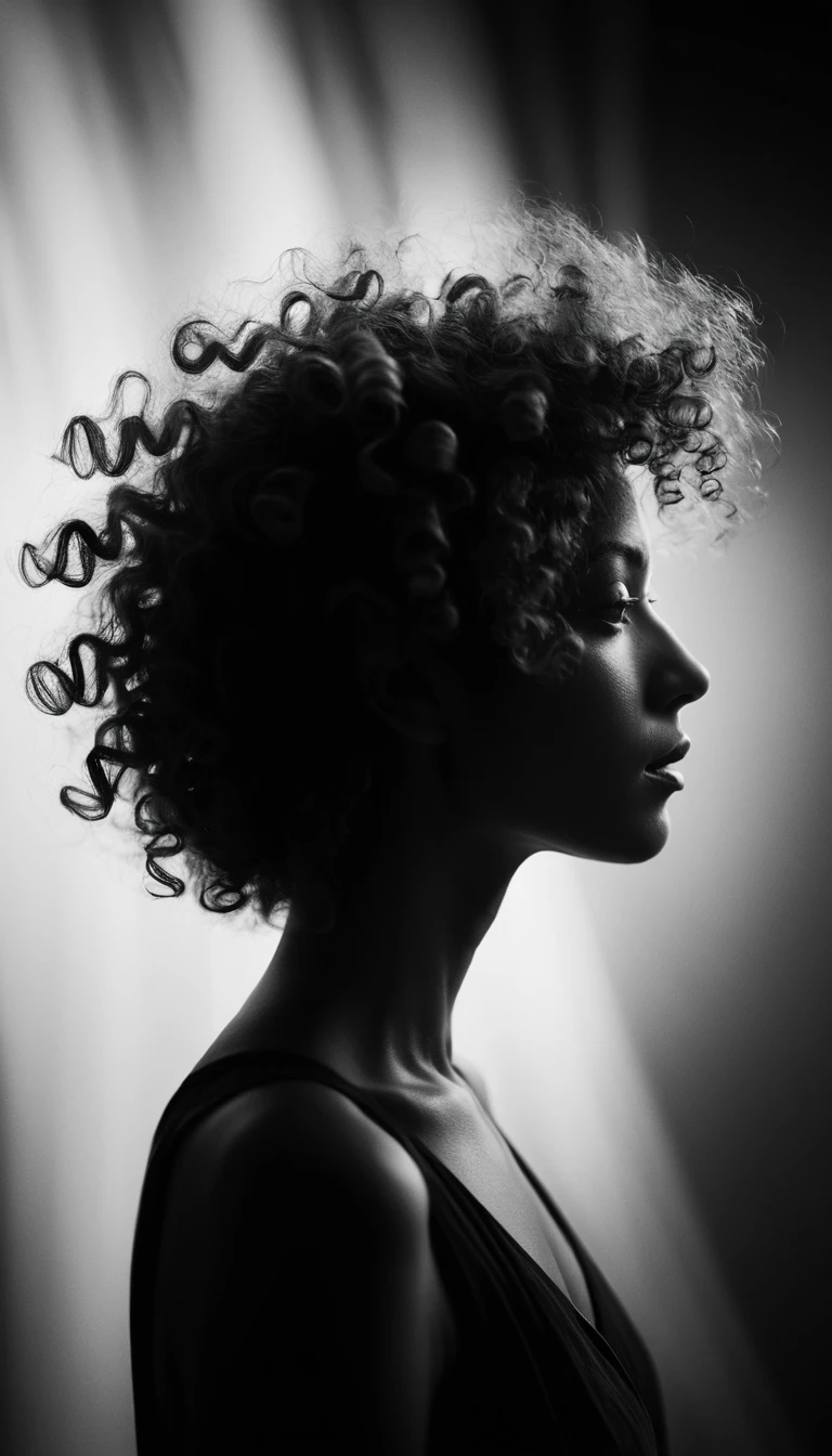 Retrato em perfil em preto e branco de uma mulher em movimento