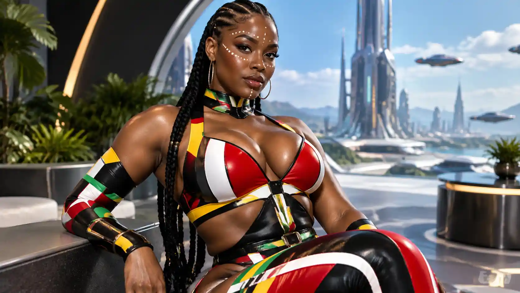 Curvy African woman in colorful futuristic tribal fashion