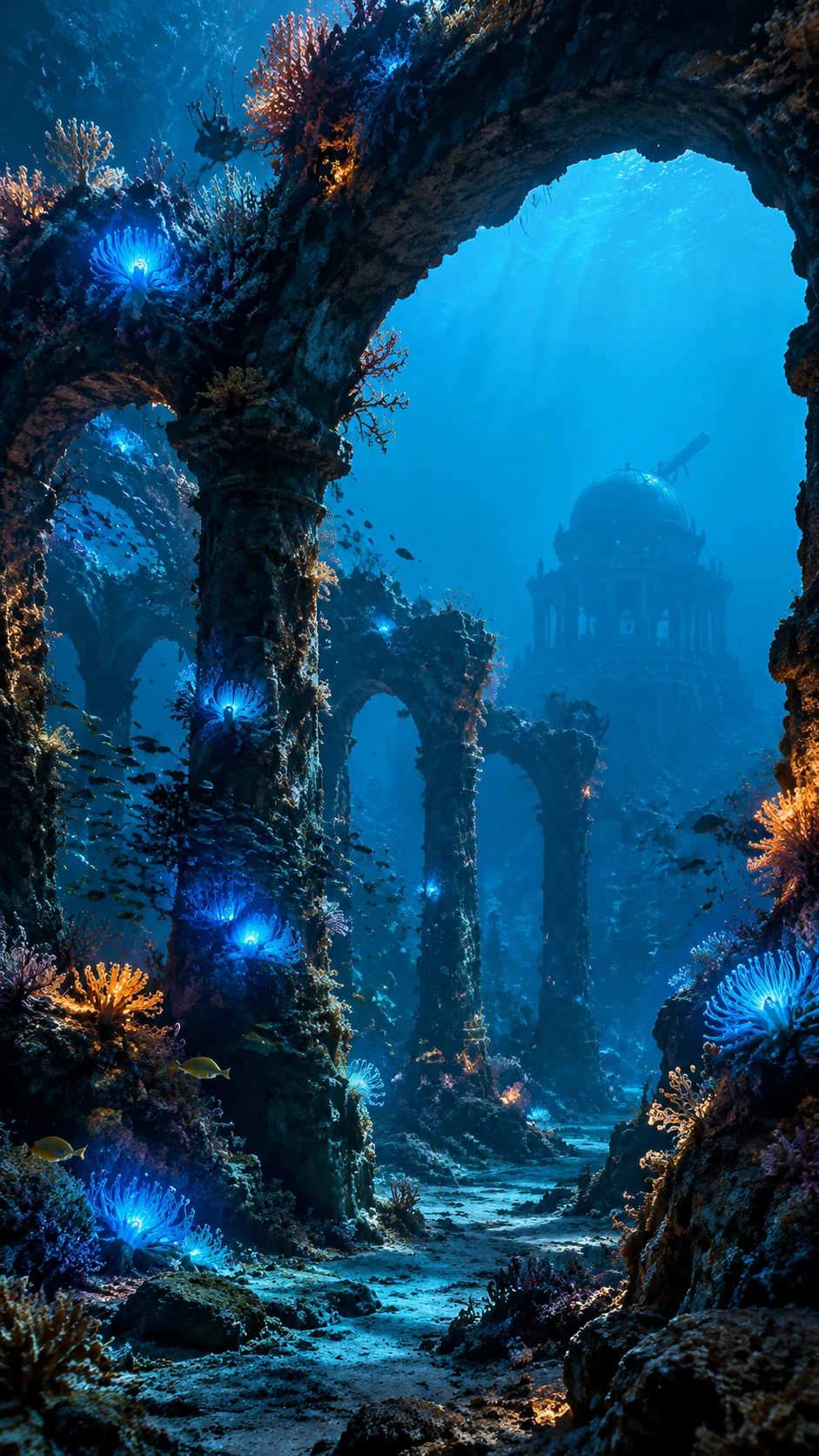 Ancient underwater ruins glowing with bioluminescent coral
