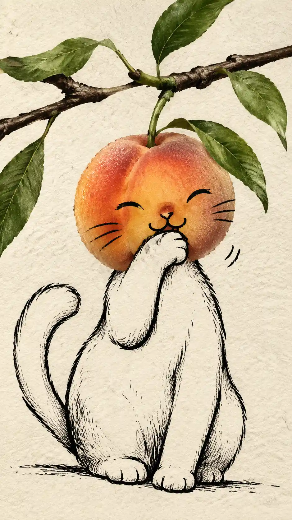 Cartoon cat with peach head on textured paper illustration