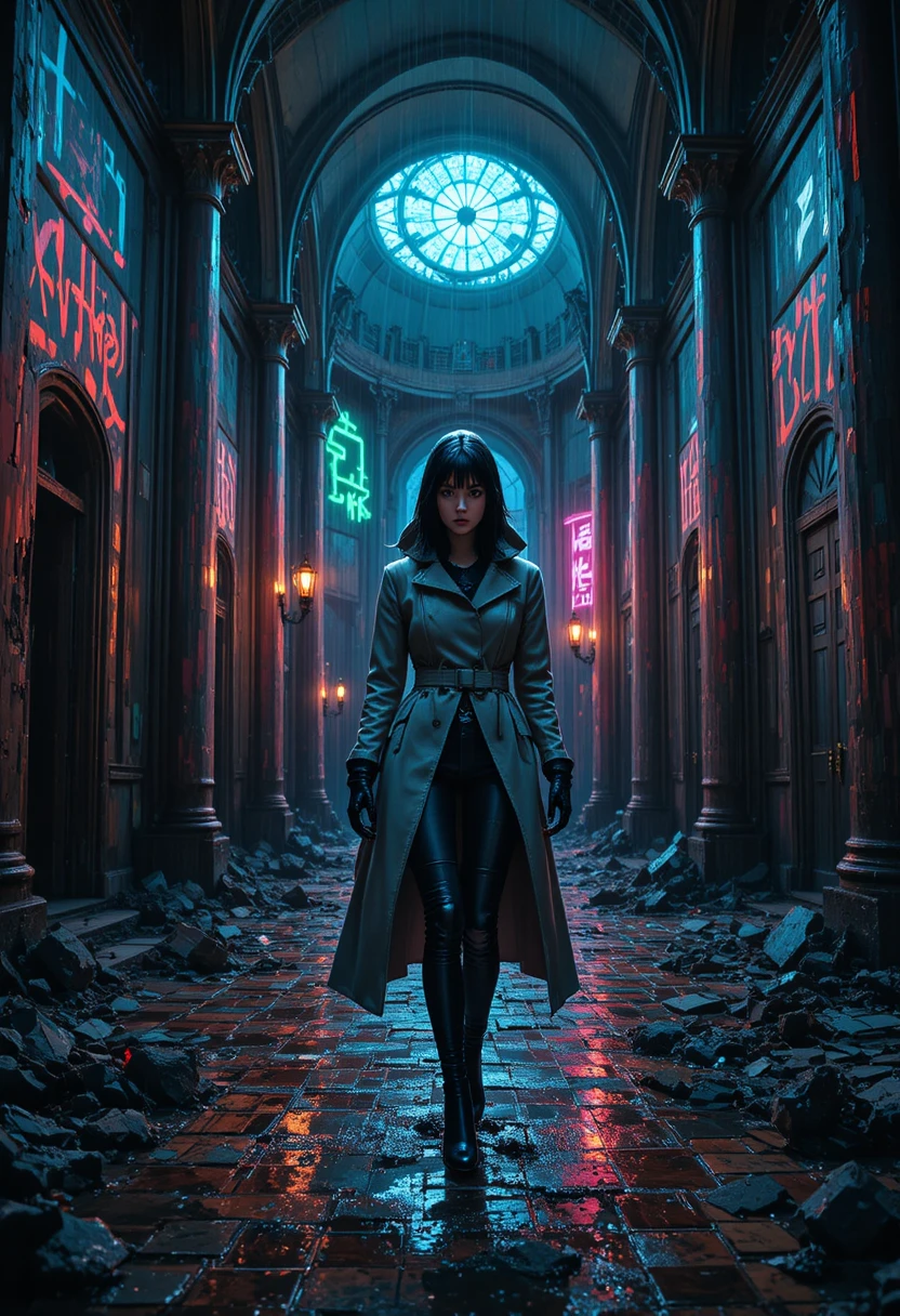Mulher androide cyberpunk em uma catedral de neon em ruínas