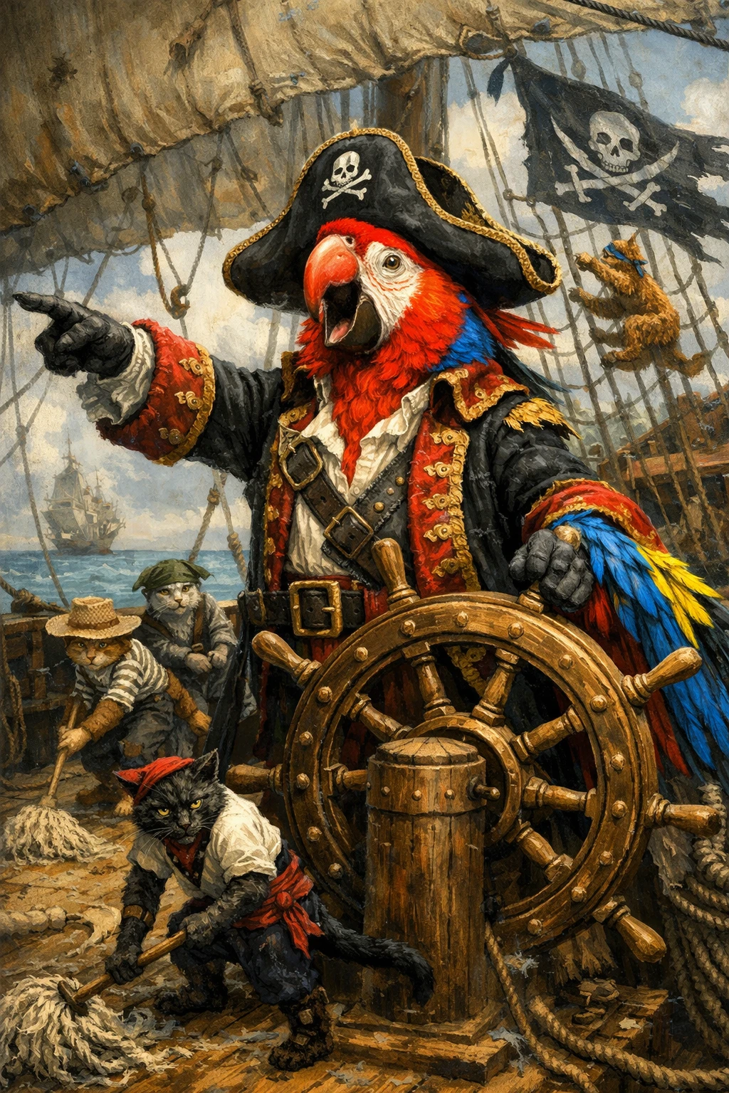 Papagaio pirata colorido comandando um navio com tripulação de gatos