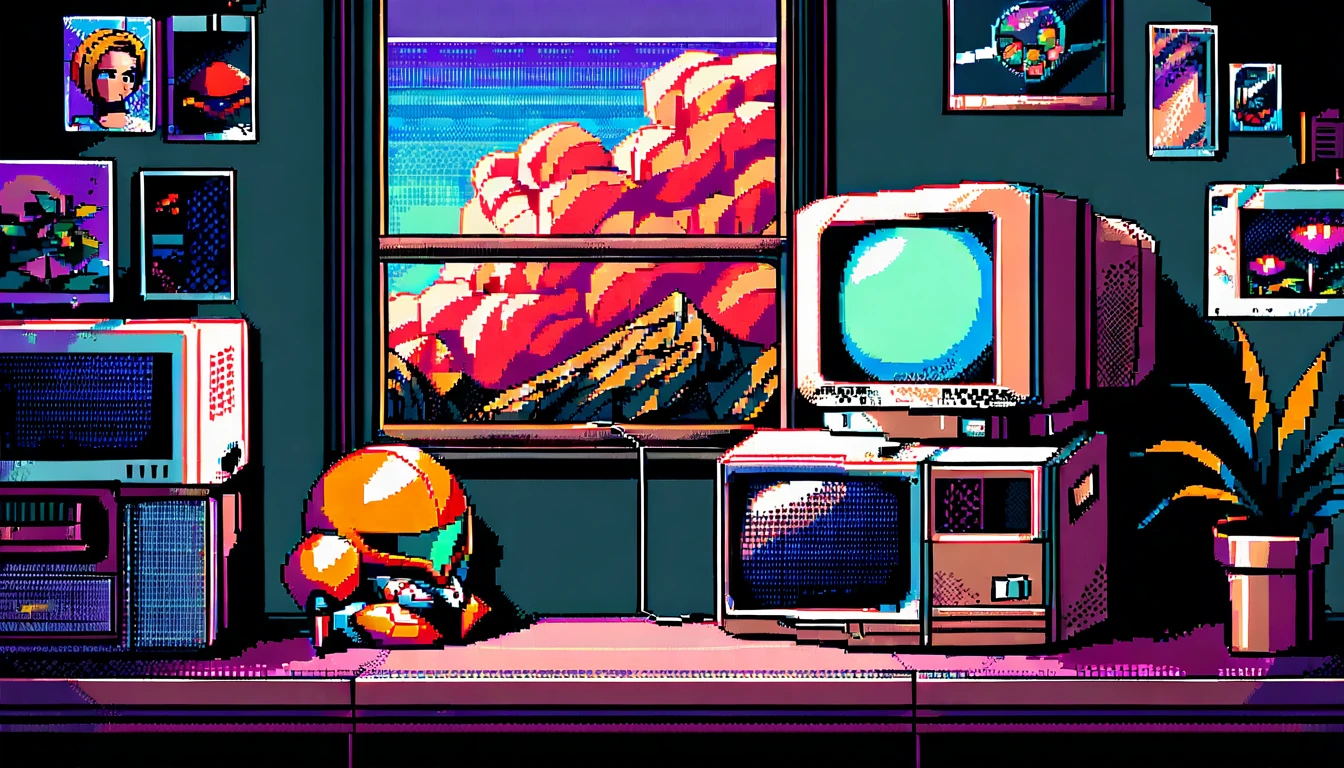 Garota de anime sentada ao lado de PC retrô em pixel art