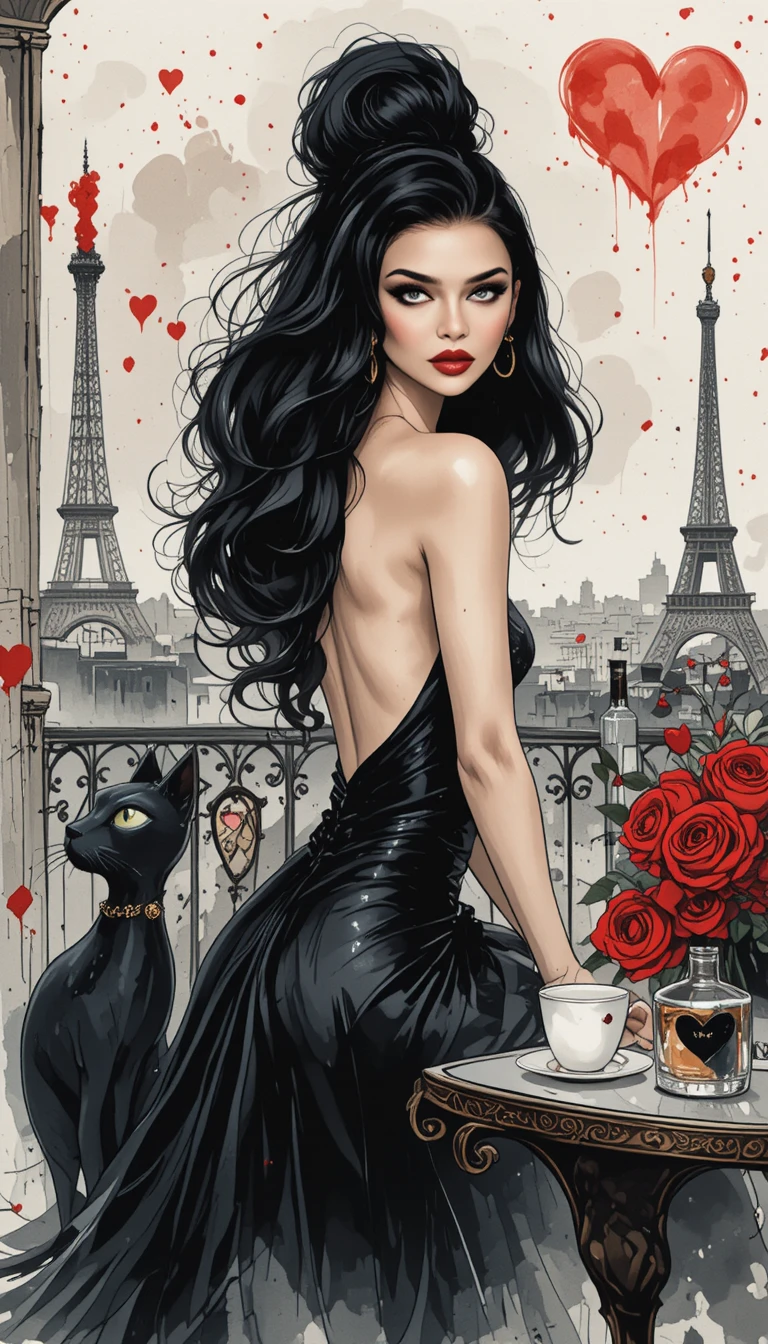 Elegante donna su balcone a Parigi con gatto nero