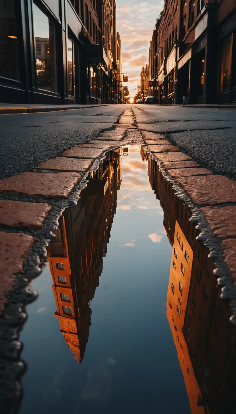 城市建築倒映在水窪中，映襯著光暈夕空