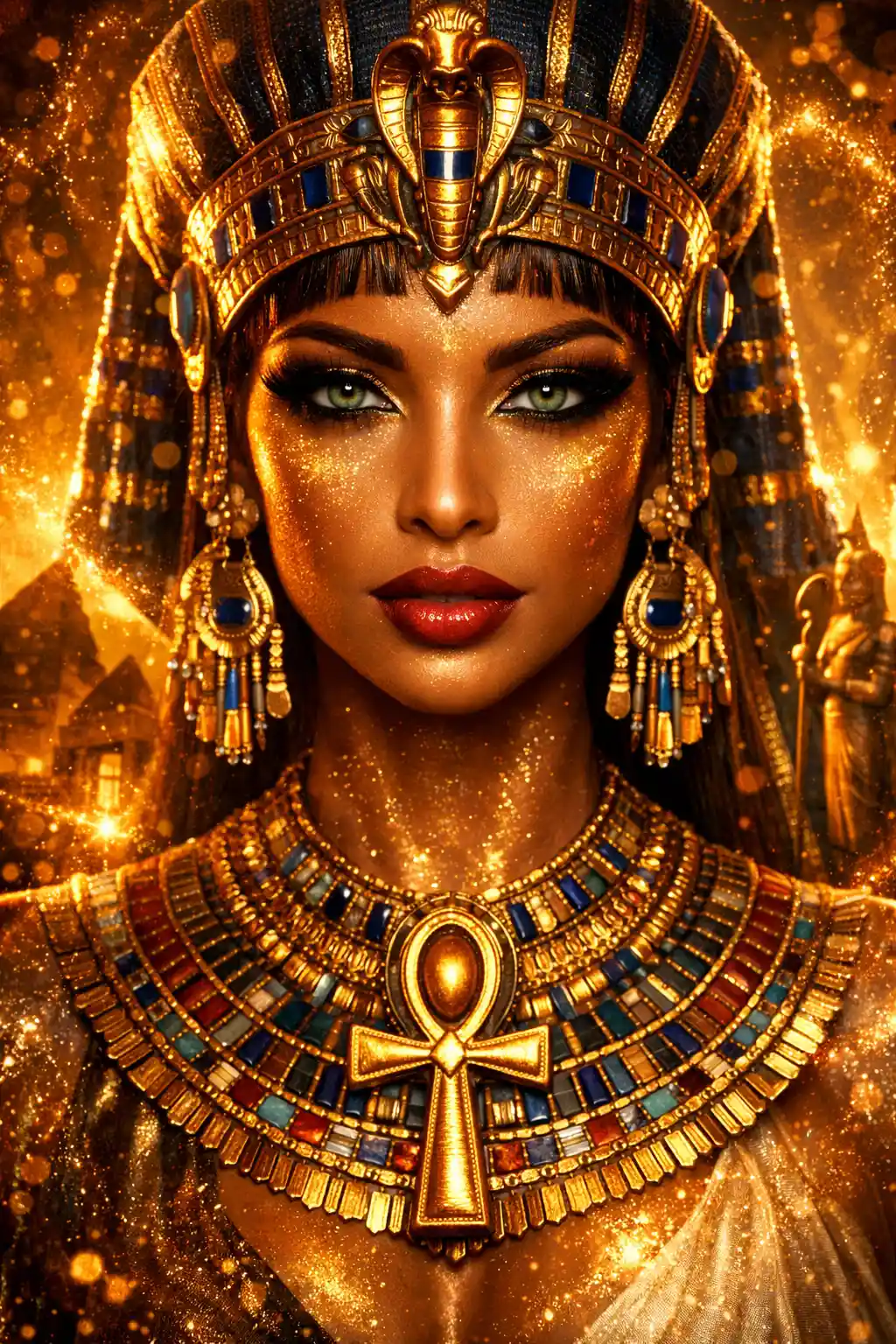 Mystical Egyptian woman in ornate pharaonic headdress
