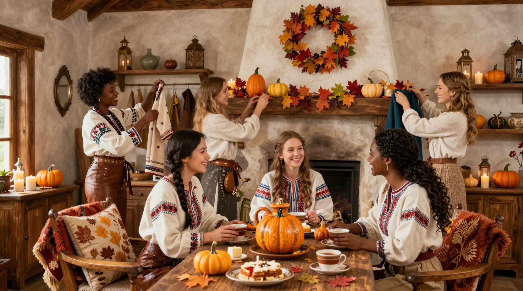 Frauen dekorieren ein sonniges Fantasiehaus für den Herbst