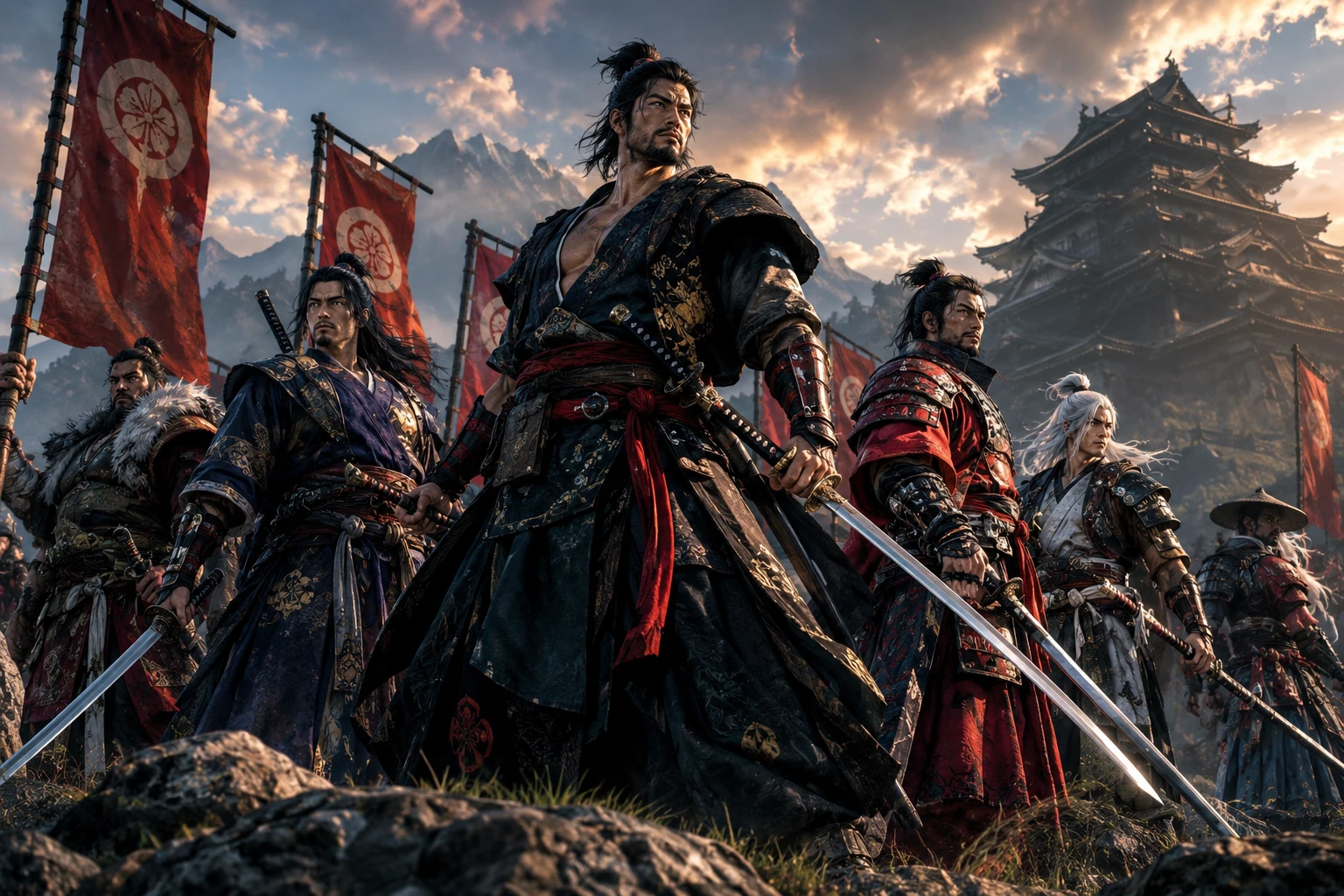 伝説の戦いを前に刀を構える威厳ある戦士たち