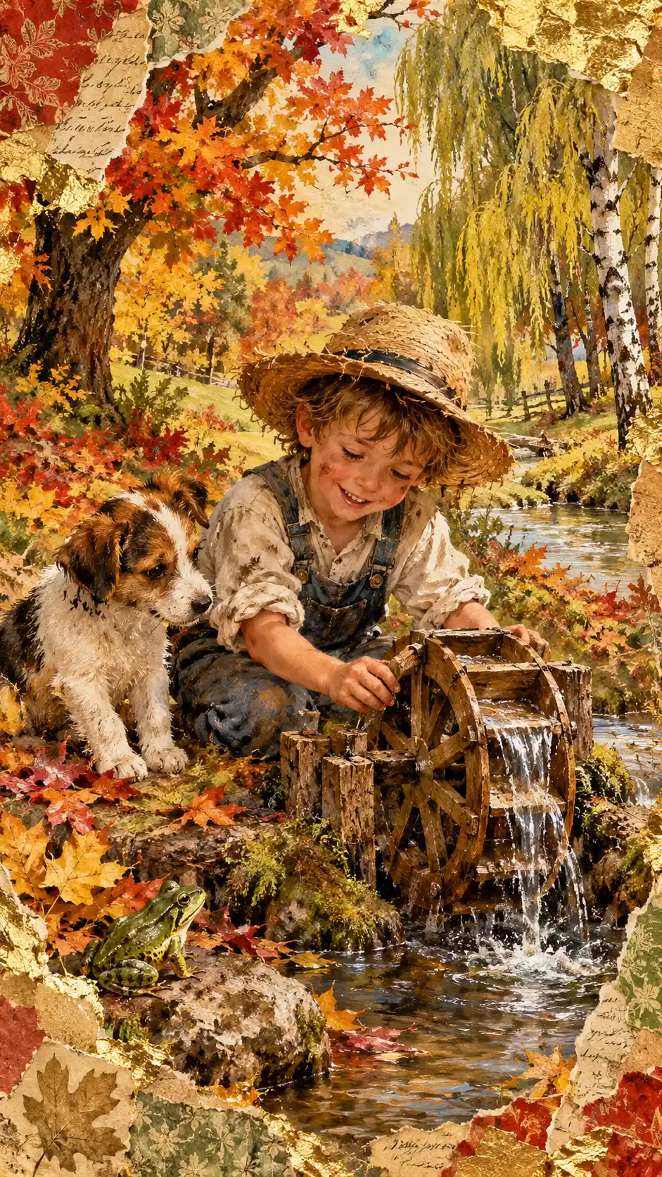 Joyful boy building a waterwheel in an autumn forest
