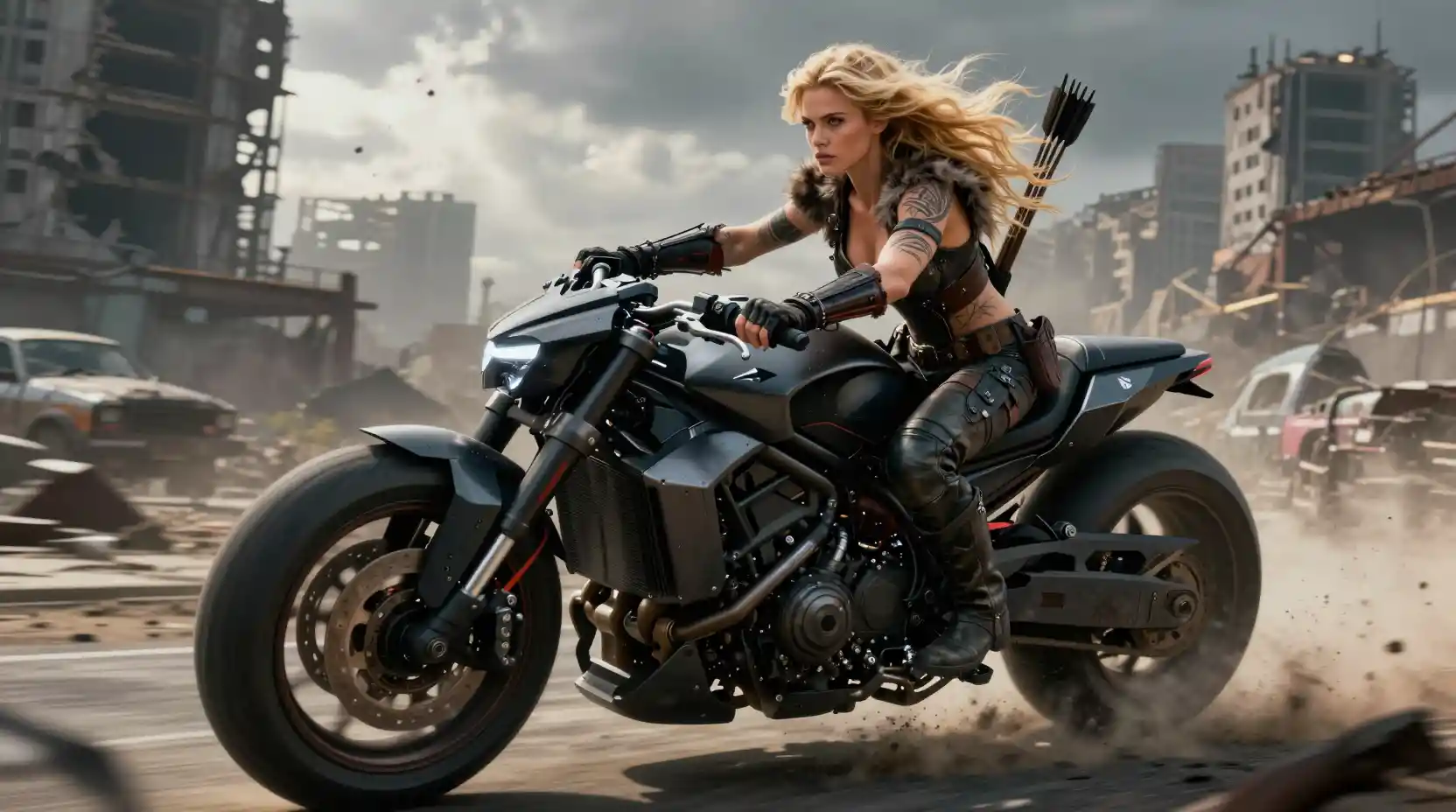 Blonde warrior woman on armored motorcycle in ruined city