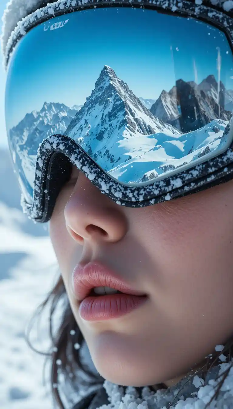 Extreme close up of woman in ski goggles with alpine reflection