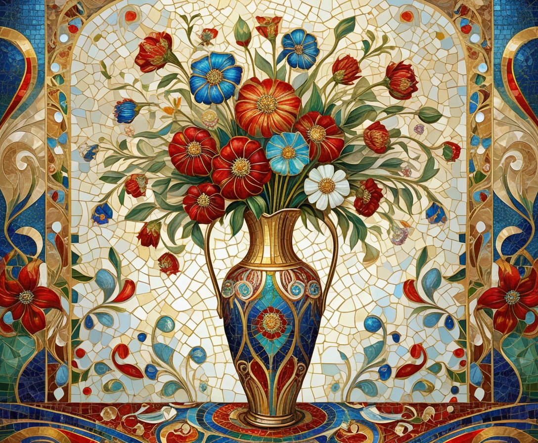Bunter Blumenstrauß in verzierter Vase auf Mosaiktisch