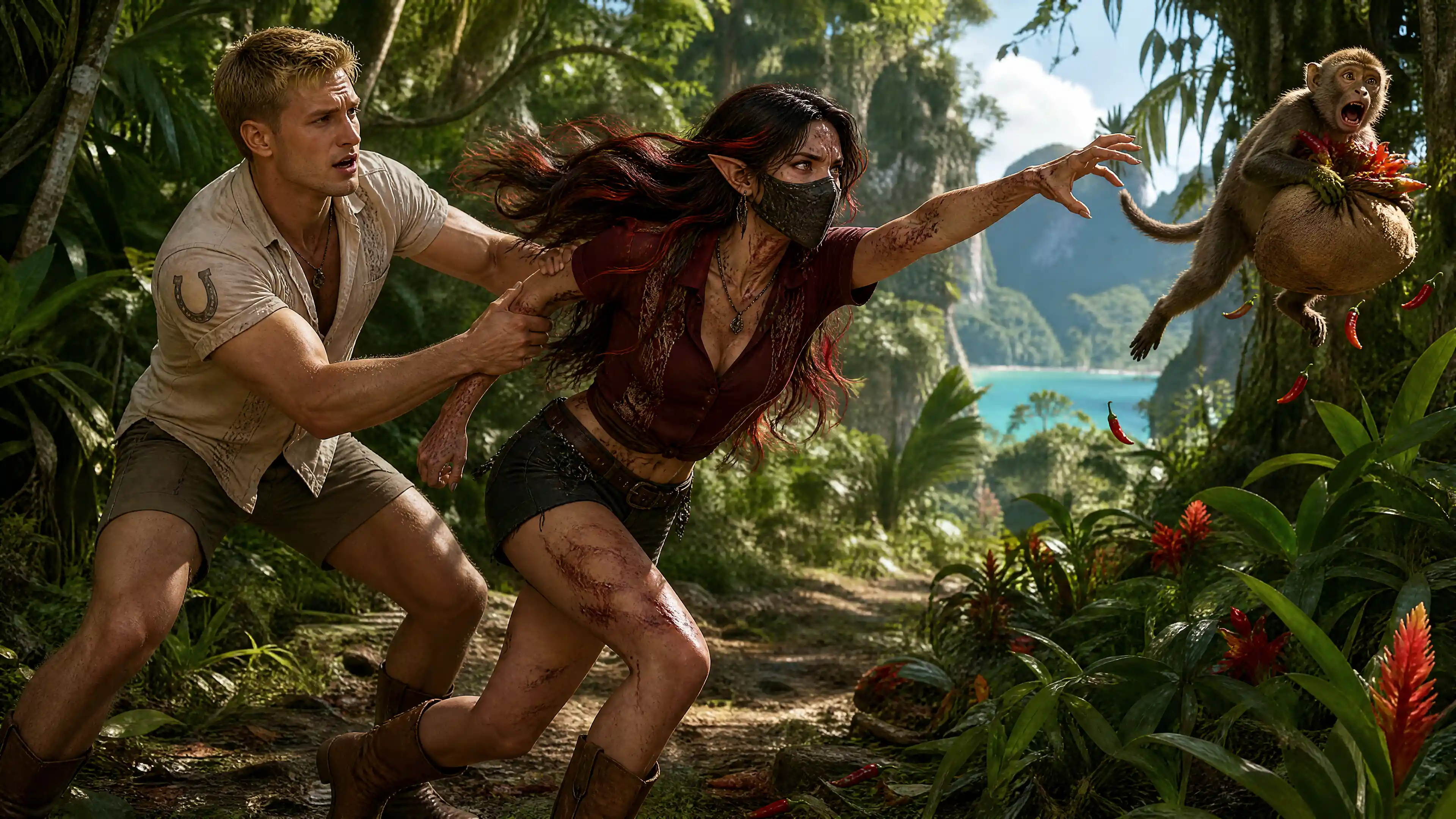 Elf chef restrained by husband in tropical jungle chase