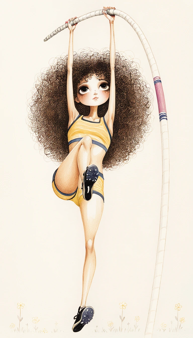 Ilustração estilizada de mulher no salto com vara em pleno ar, vista frontal