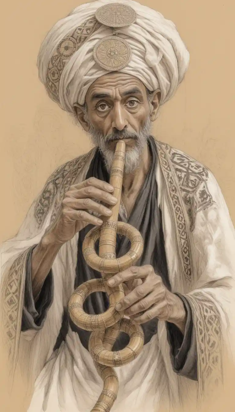 Elderly Egyptian musician in ornate turban playing bamboo flute