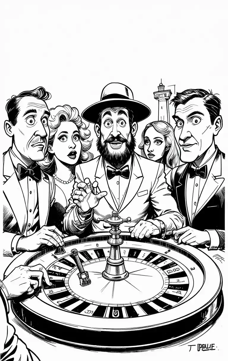 Folla da casinò in stile cartone animato intorno a un tavolo della roulette affollato