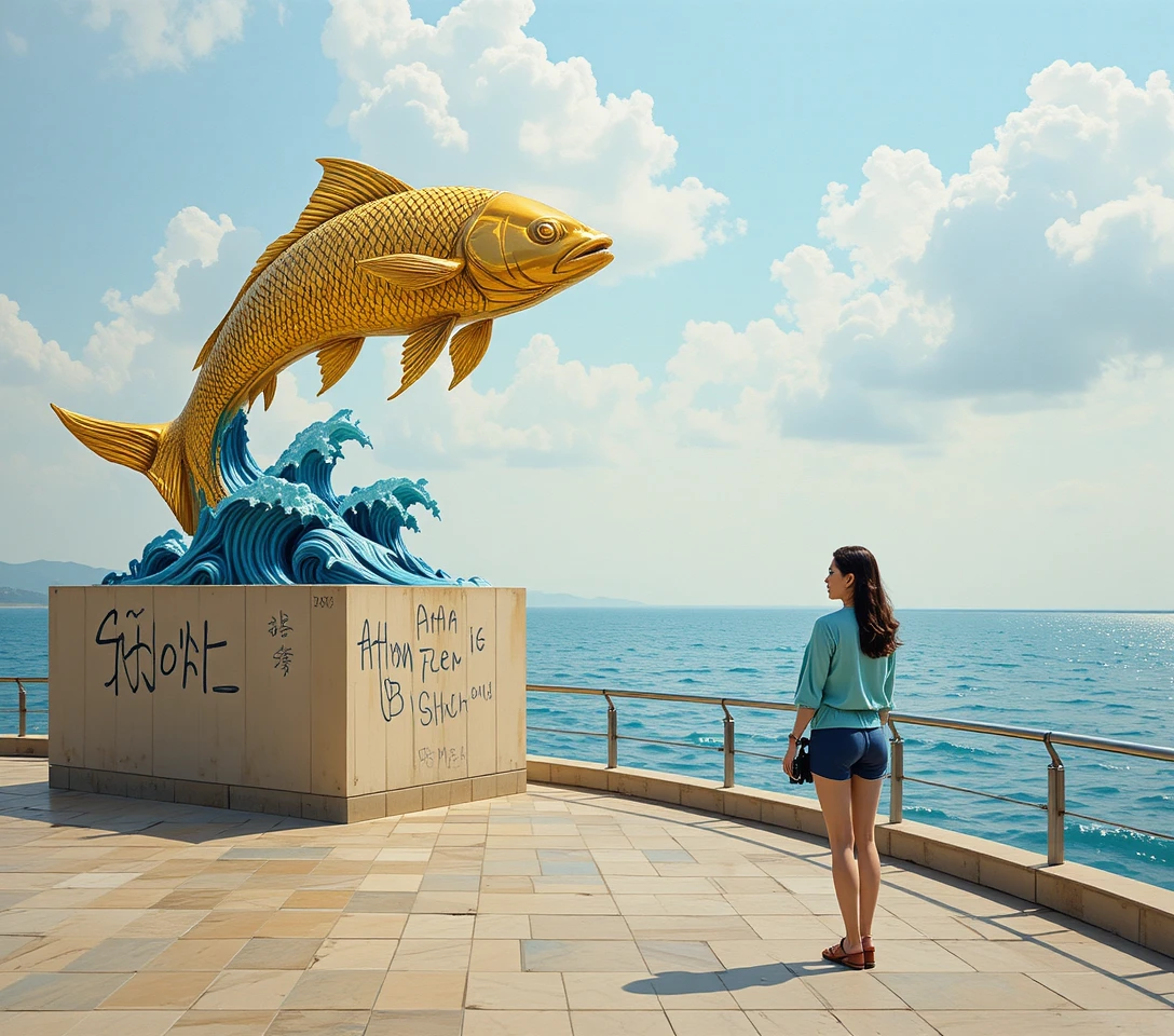 Goldene Fischskulptur am Meer mit fotografierender Frau