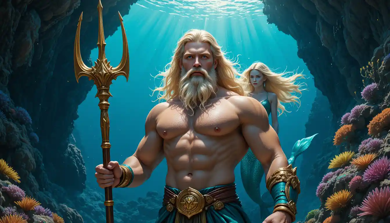 Mythic sea king with trident before mysterious mermaid