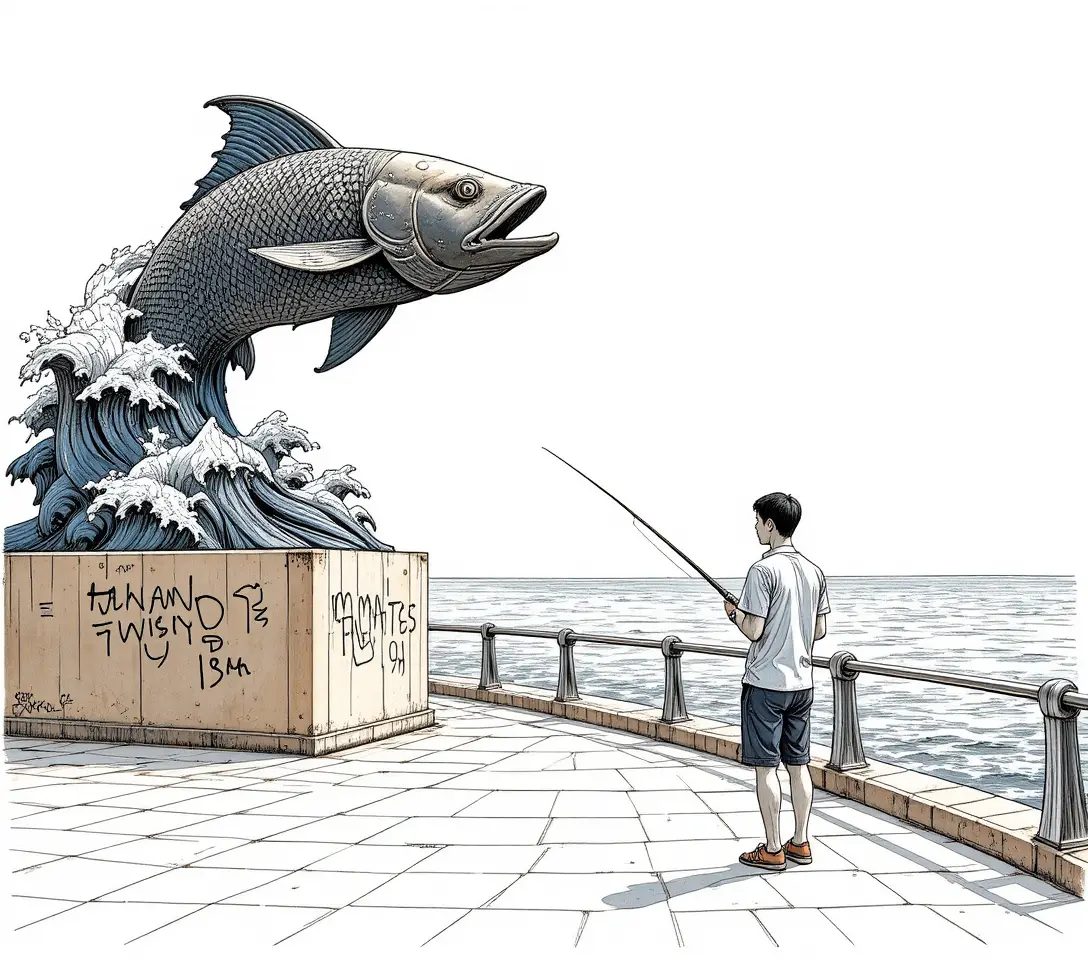 Grande escultura de peixe à beira-mar com pescador solitário
