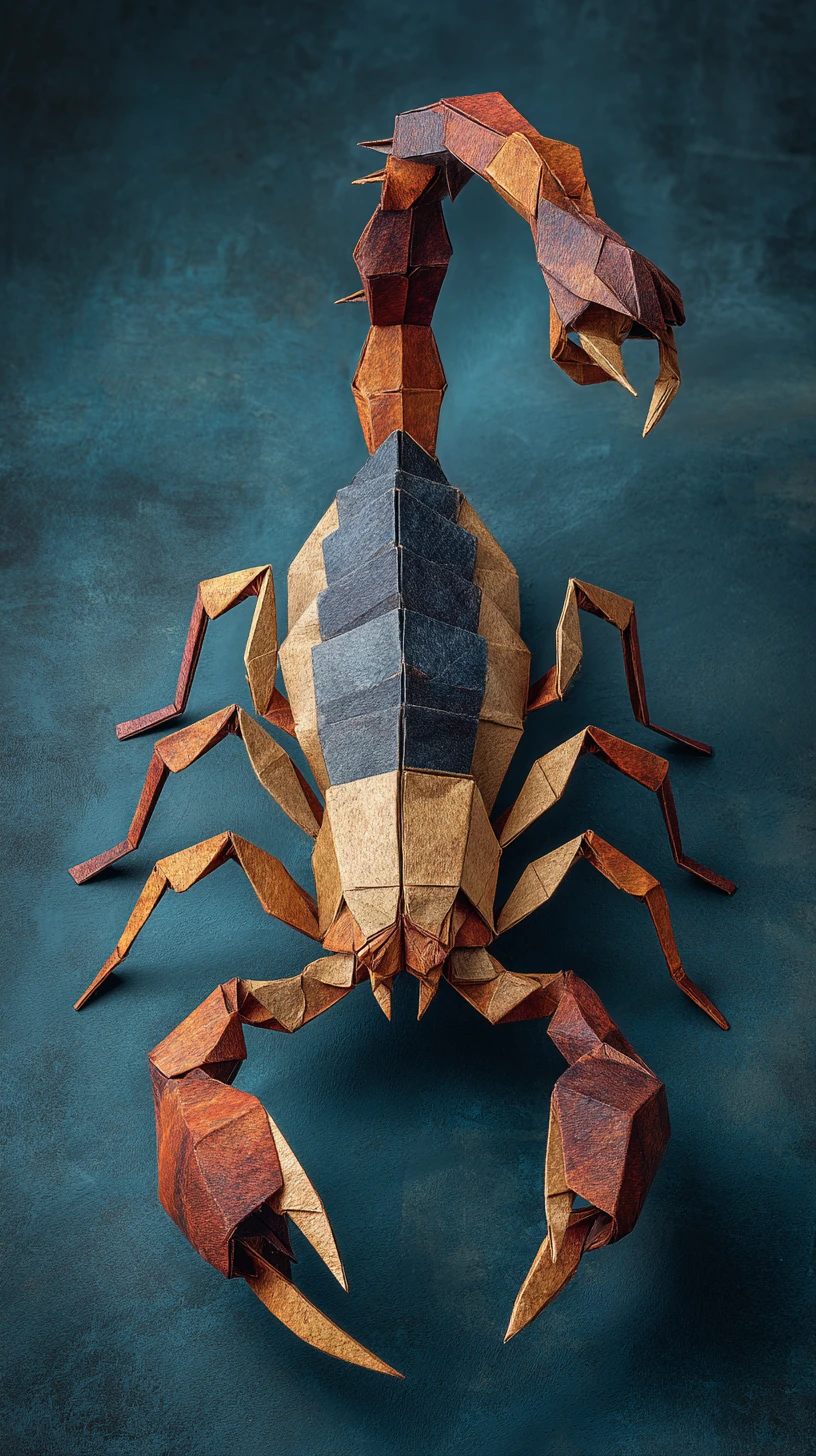 Escultura detalhada de escorpião de papel em fundo teal escuro texturizado