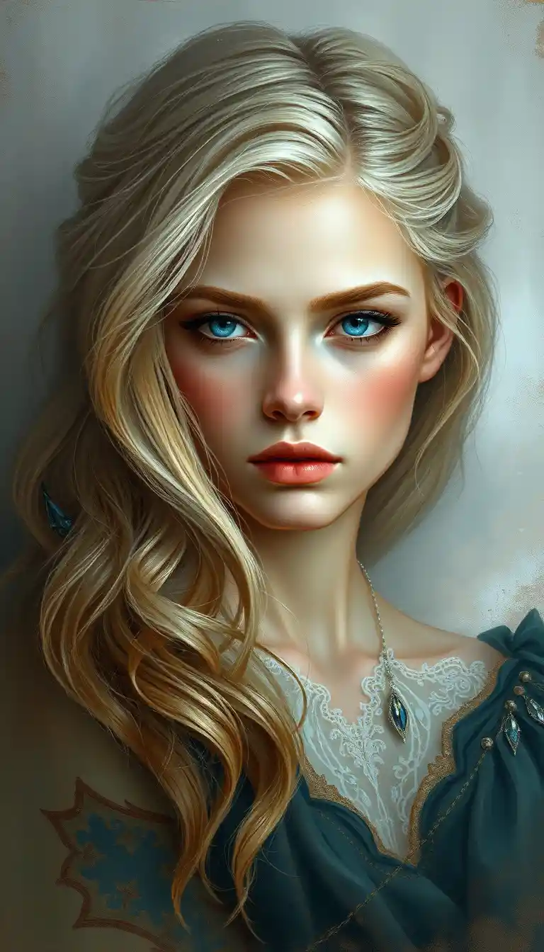 Blonde young woman oil portrait in a soft misty background