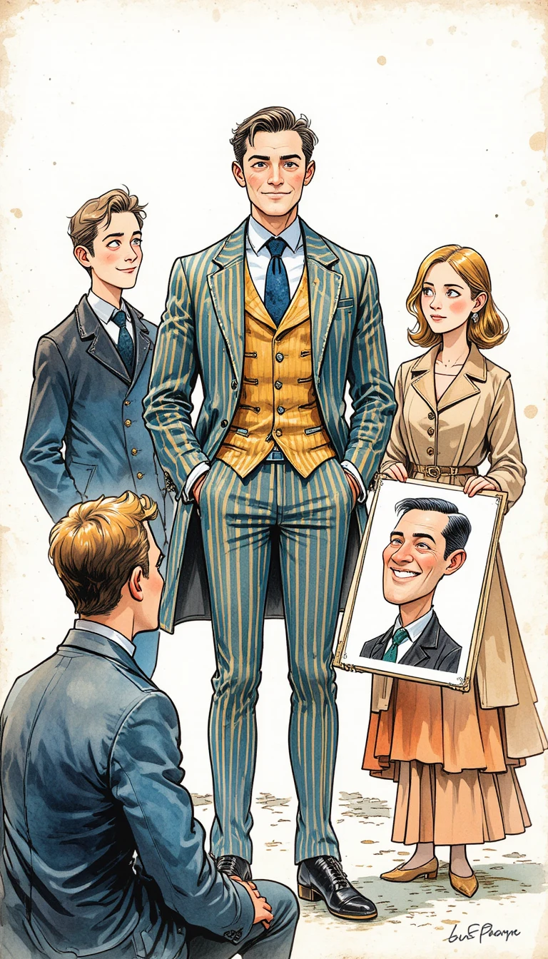Smiling man in suit with amused couple in comic style