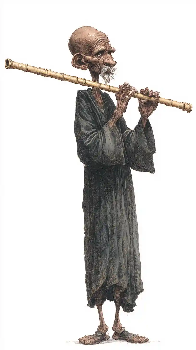Tall melancholy egyptian flutist in minimalist teal background