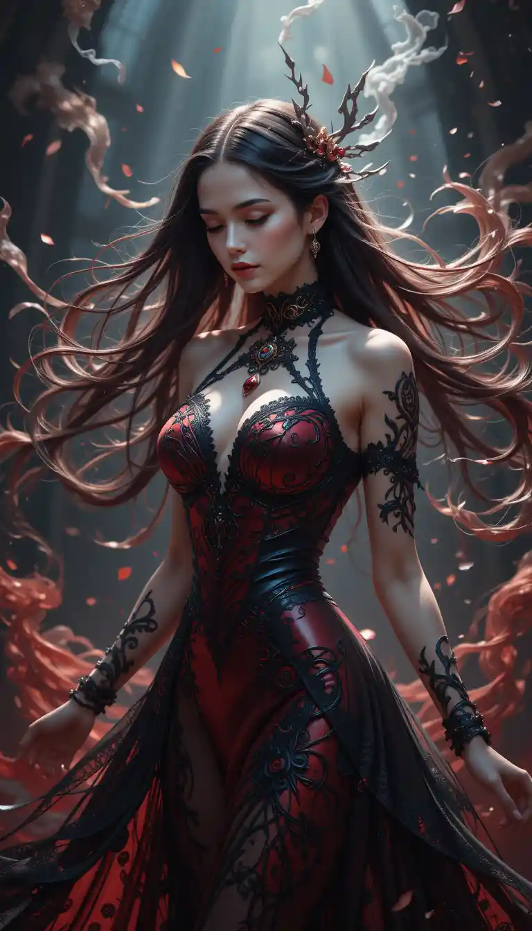 Gothic woman with flowing black hair and closed eyes