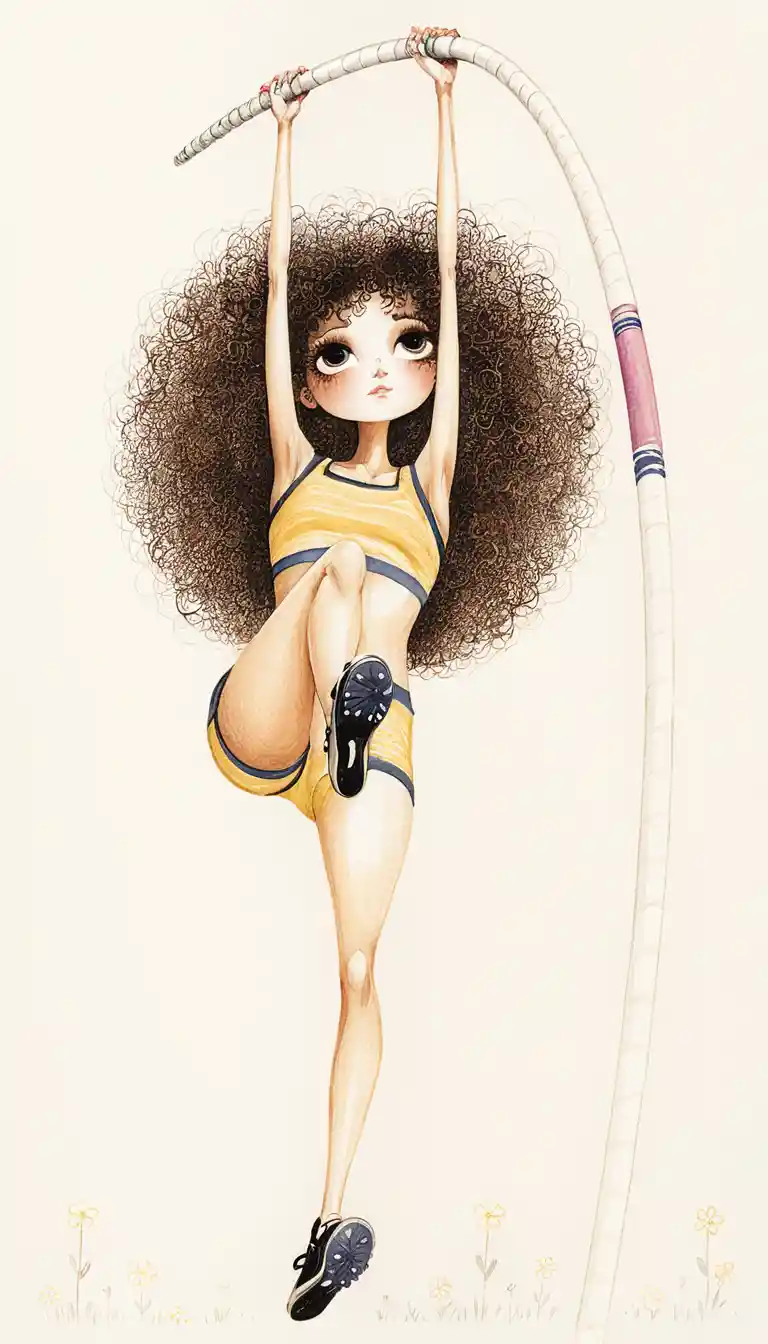 Stylized woman pole vaulter in midair front view illustration