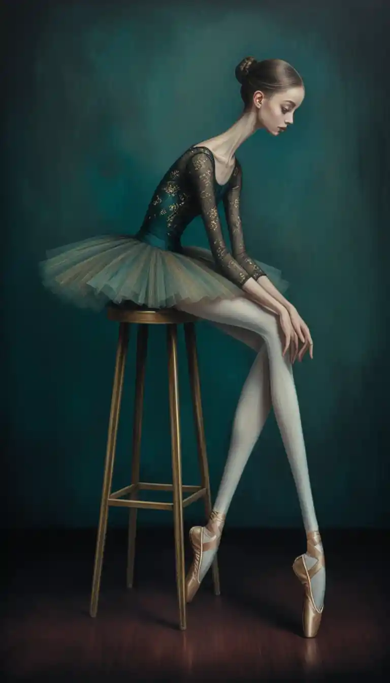 Surreal ballerina with elongated limbs resting on a stool