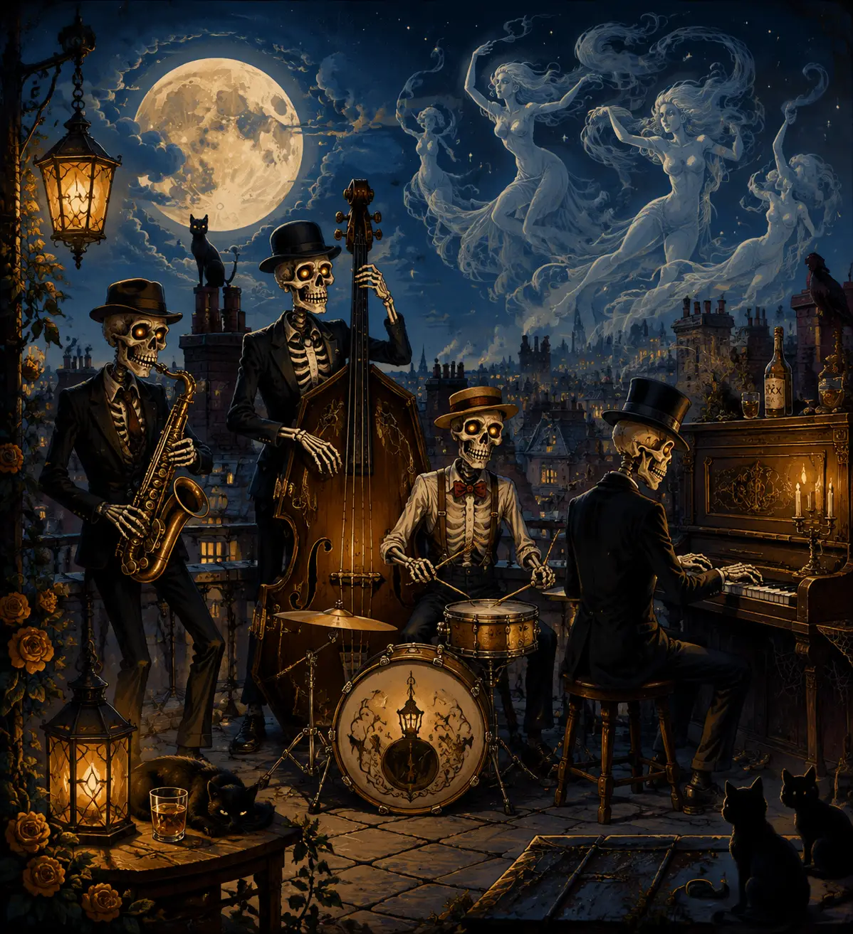 Skelett-Jazzband spielt unter dem Mond auf einem Dach