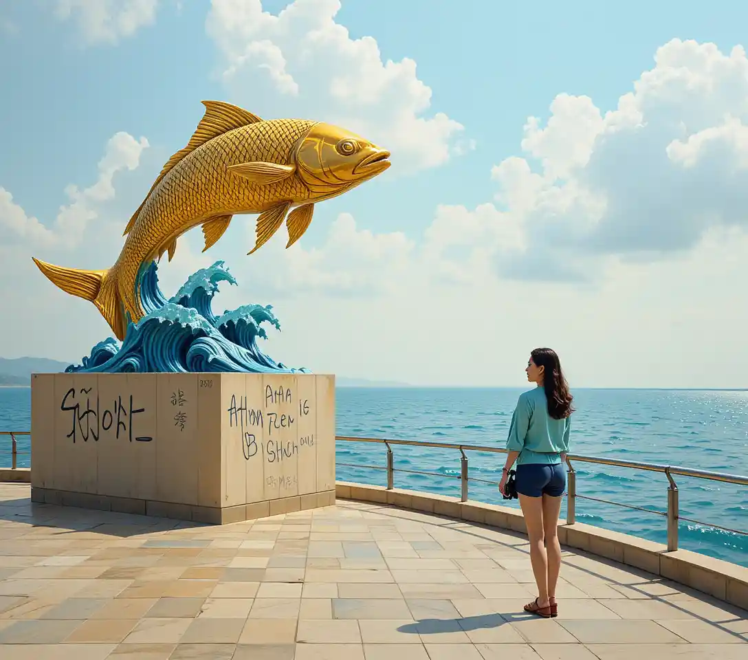 Scultura di pesce dorato sul mare con donna che fotografa