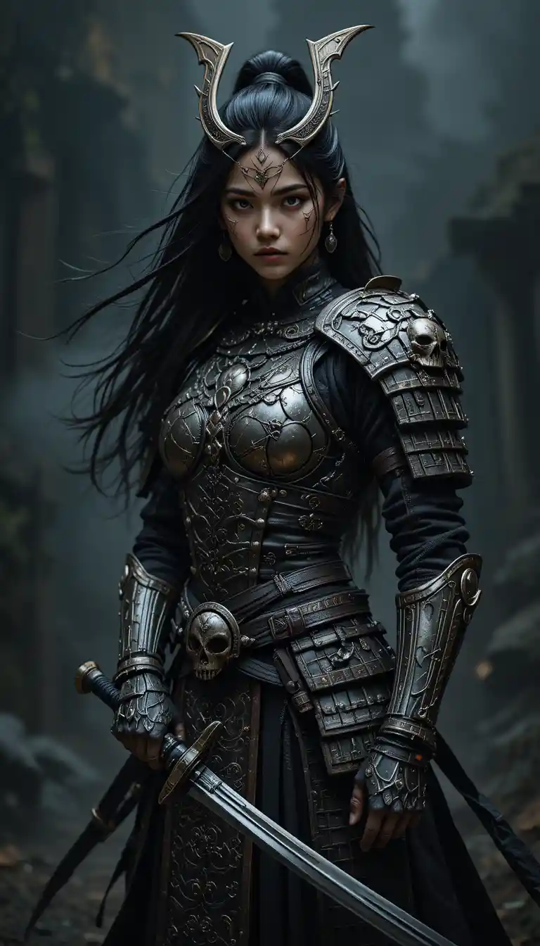 South Asian warrior girl with dual katanas in armor