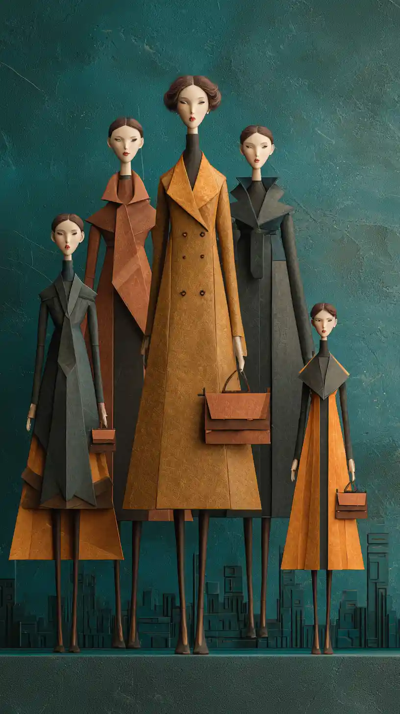 Modelle di moda allungate in una piramide geometrica di trench