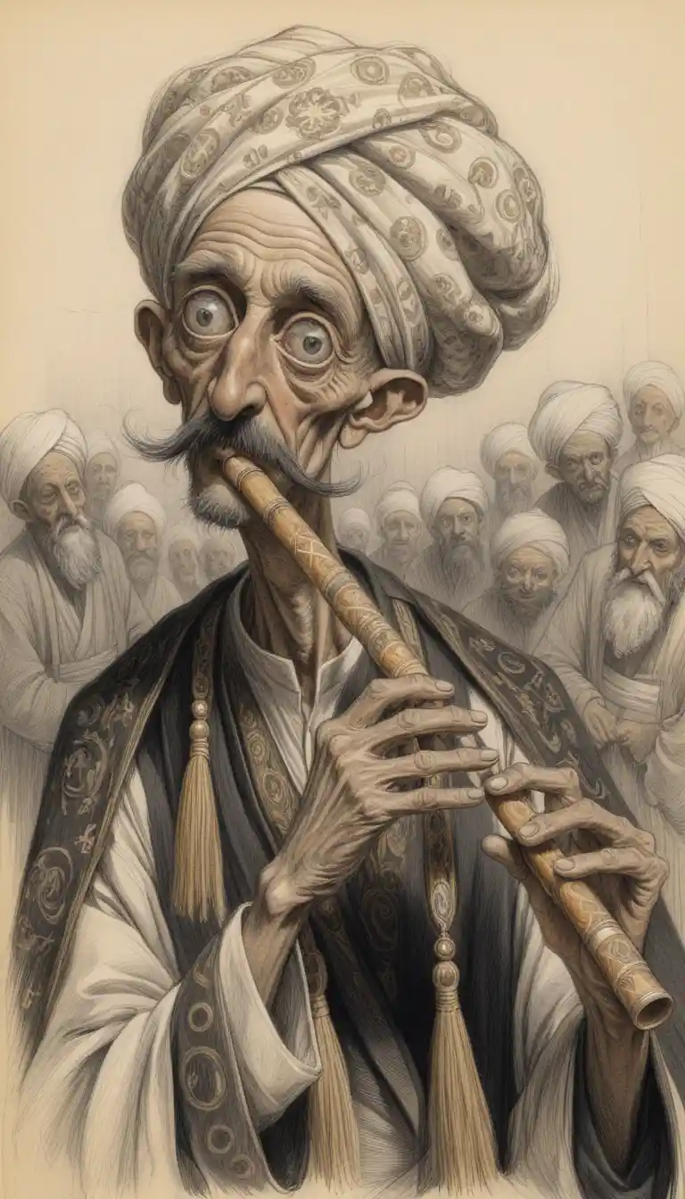 Gothic caricature of an old egyptian flutist with huge eyes