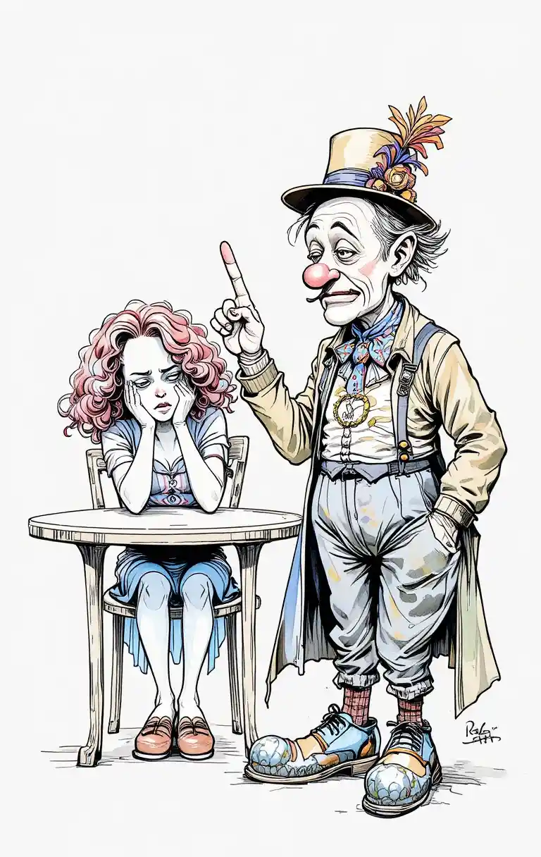 Disgruntled clown confronts weeping woman in bold line art