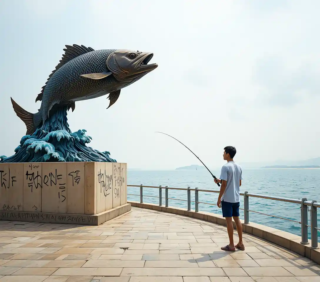 Large fish sculpture by the sea with lone fisherman