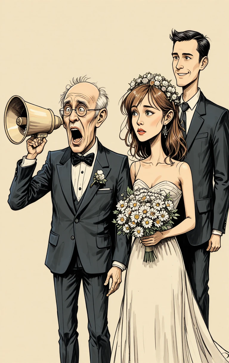 Casamento Cômico em Desenho com Noivo Idoso e Noiva Jovem