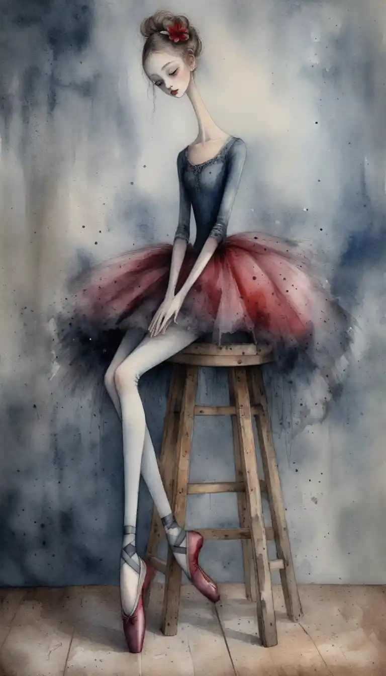 Melancholic gothic ballerina on a wooden stool in ruins