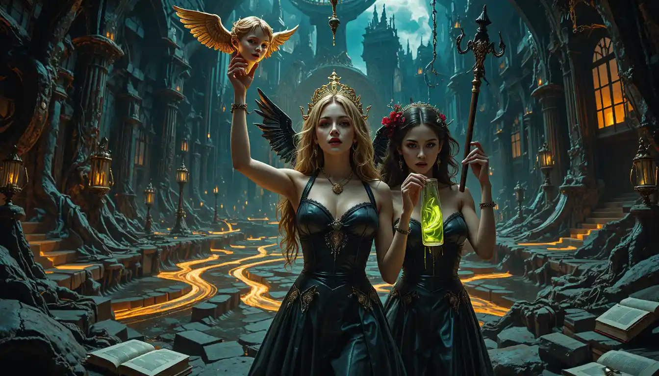 Triumphant muses in a surreal hellscape with molten gold
