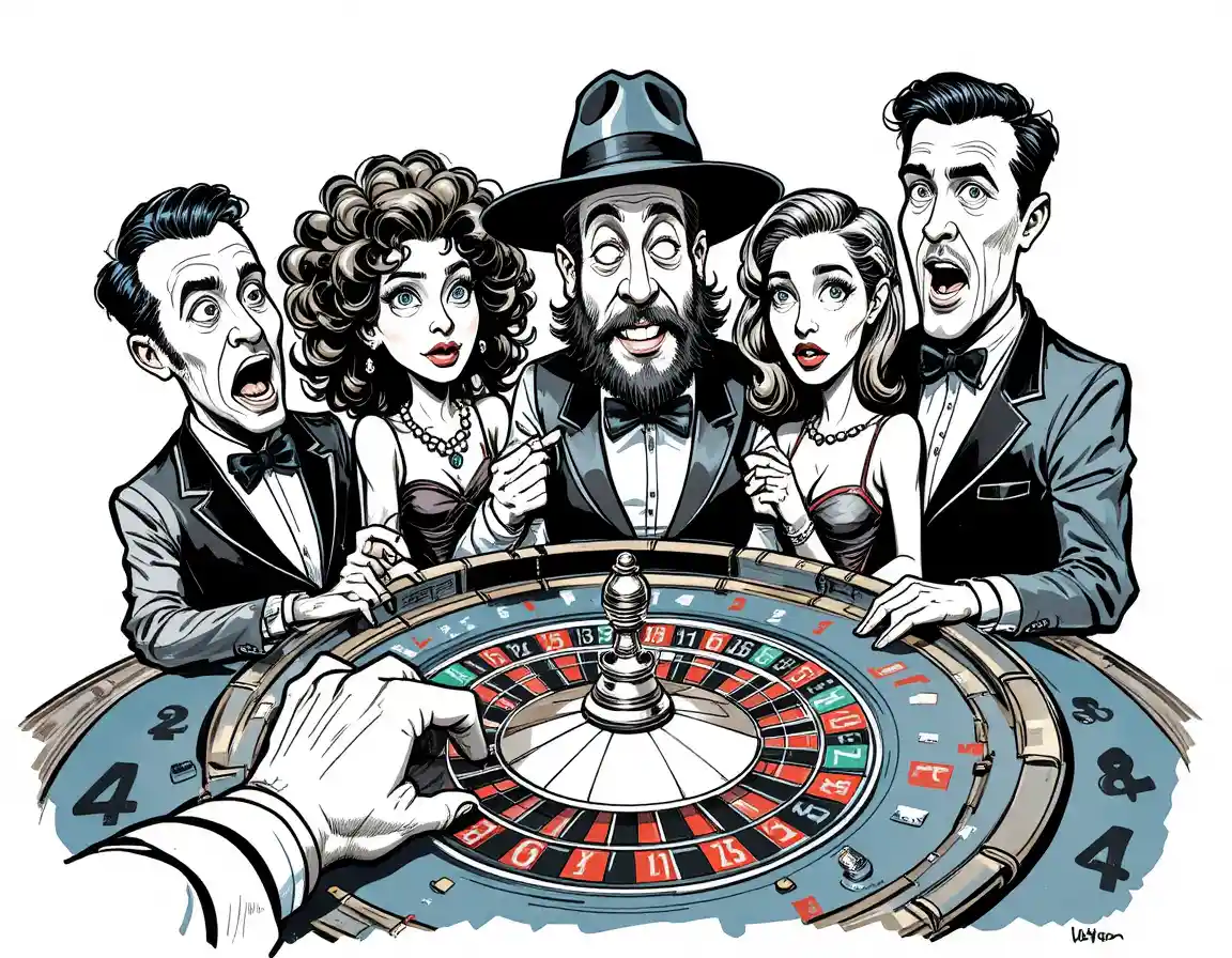 Cartoon casino scene with five people at a roulette table