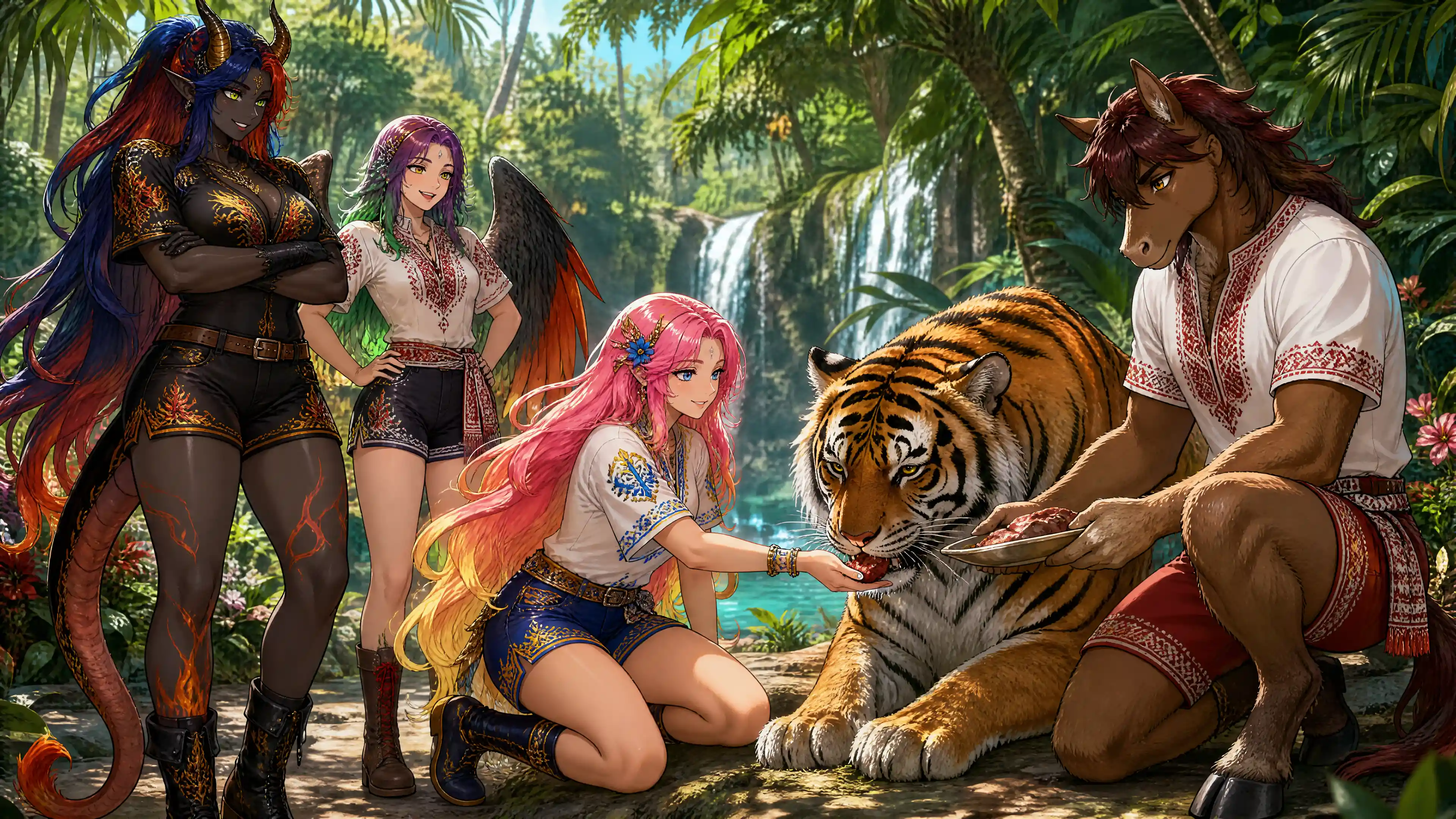 Fantasy women and friends feeding a tiger in jungle