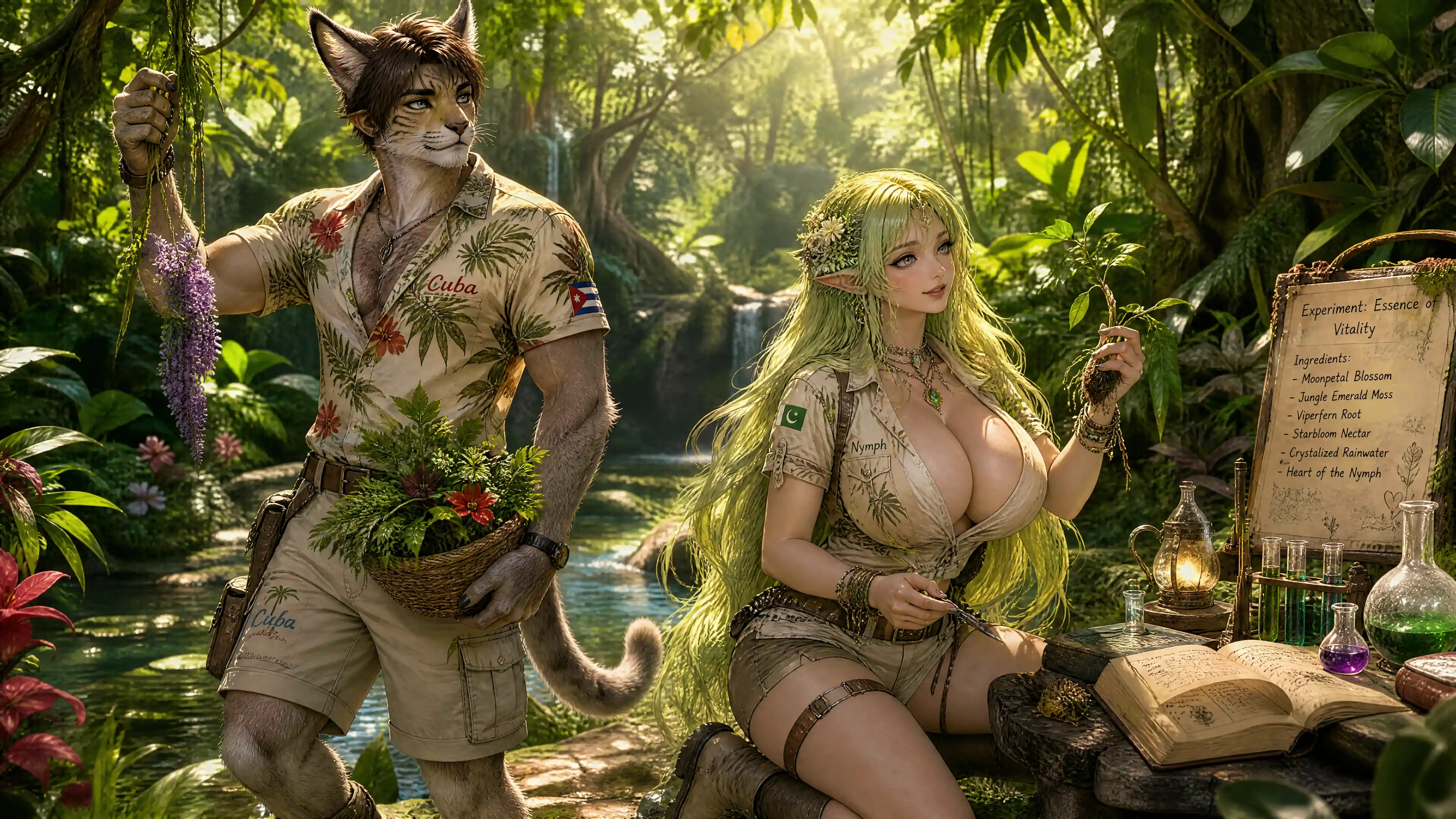 Fantasy couple gathering resources in a tropical jungle
