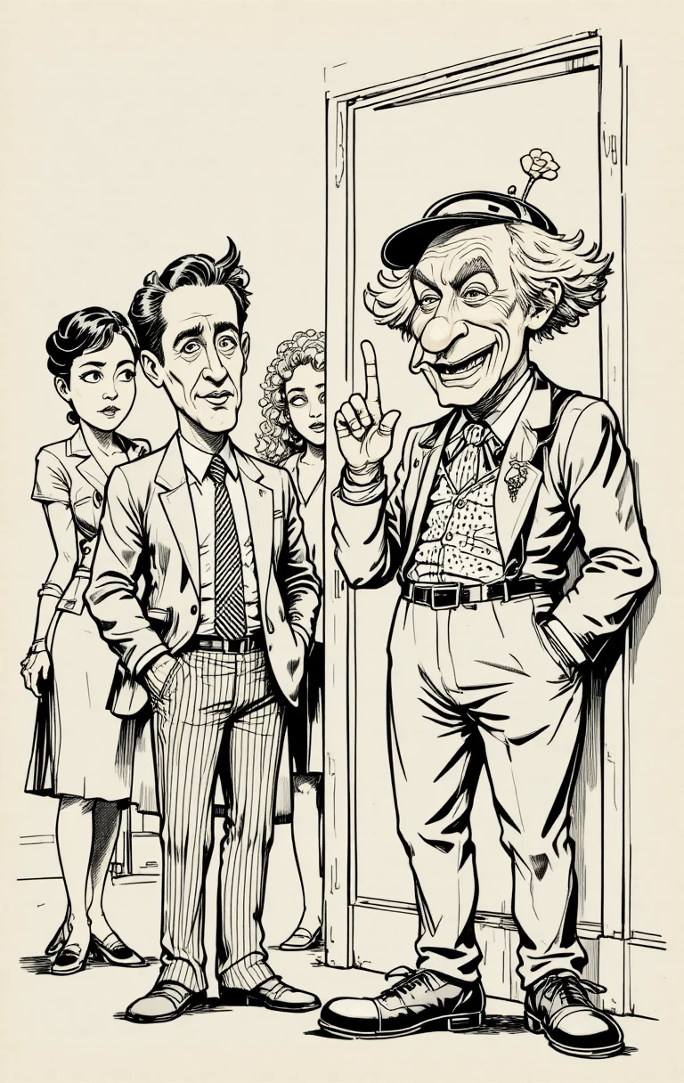 Retro comic illustration of suited man and amused onlookers